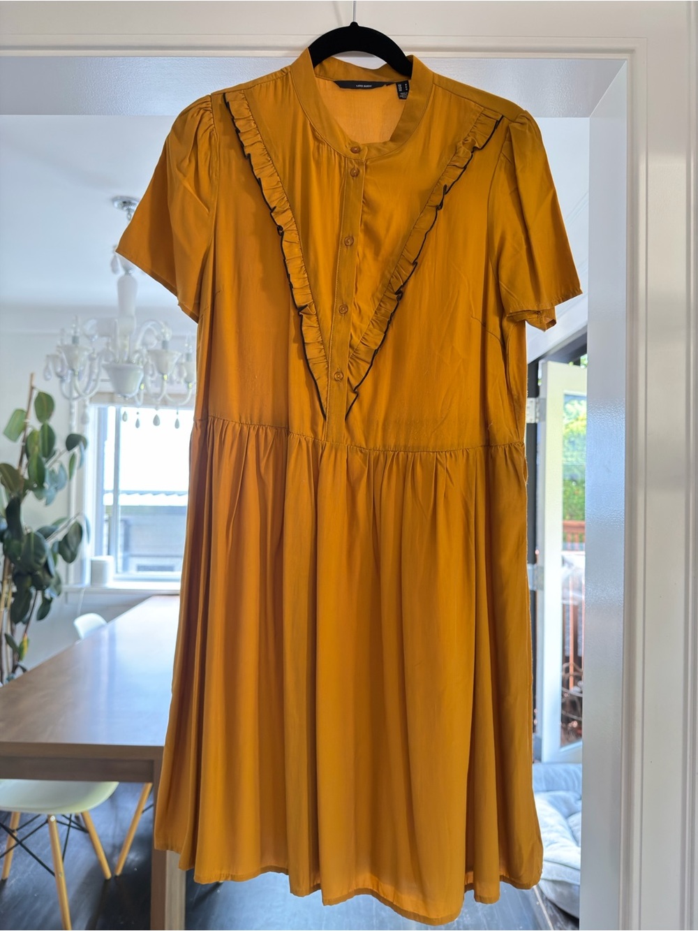 Vero Moda Mustard Ruffle-Trim Short Sleeve Button Dress